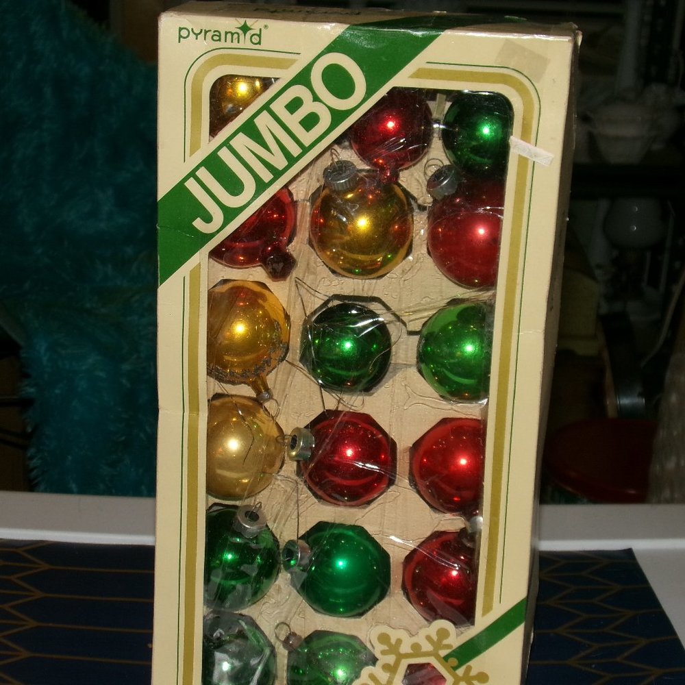 vintage box of glass ornaments by pyramid.